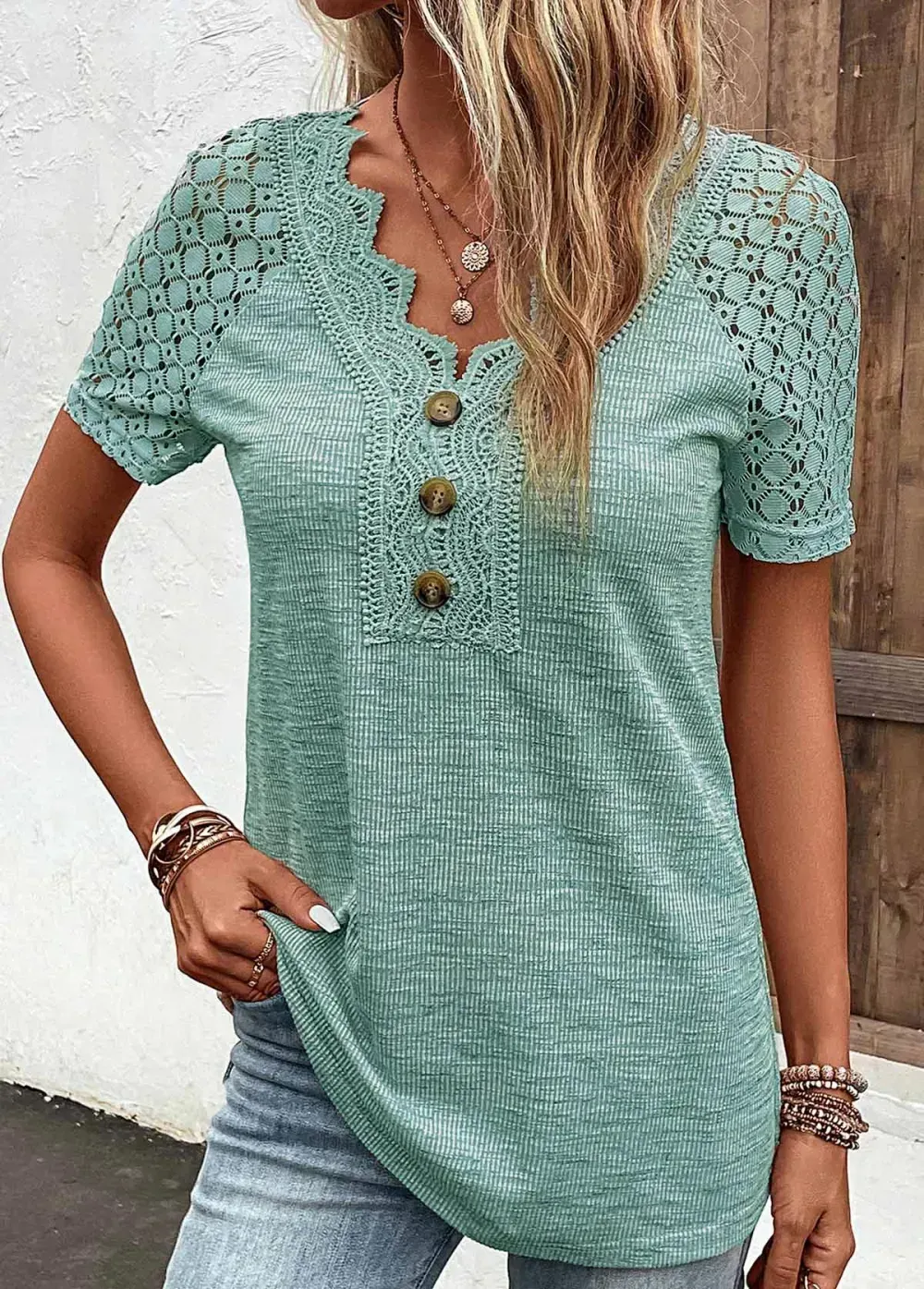Green Lace Short Sleeve V Neck T Shirt