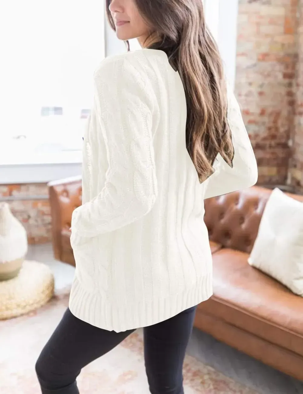 MEROKEETY Women's 2024 Fall Long Sleeve Cable Knit Sweater Open Front Cardigan Button Loose Outerwear