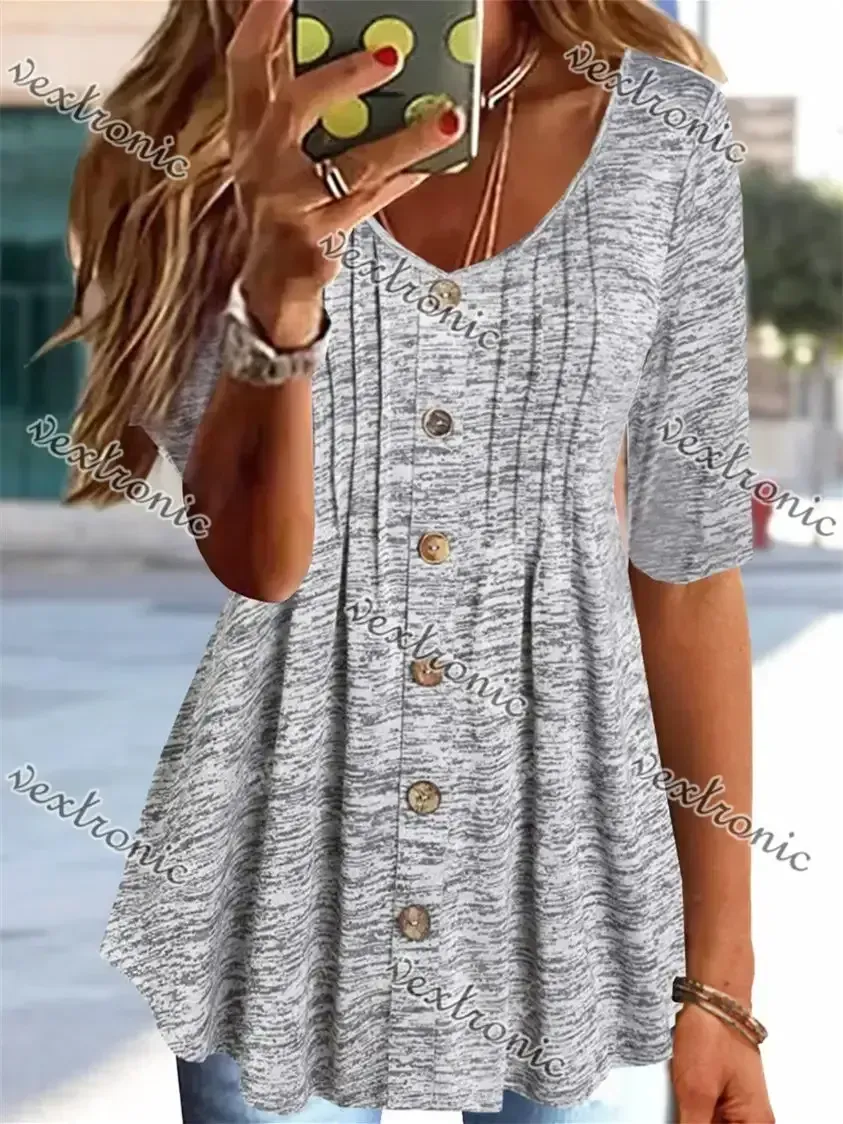 Women's Gray Half Sleeve V-neck Buttons Top