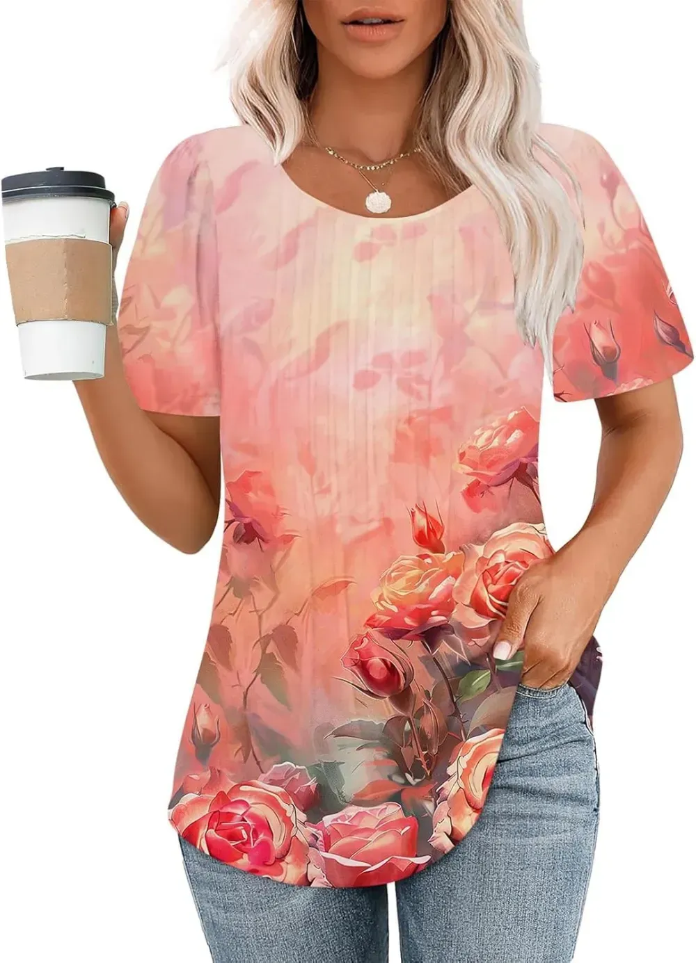 Womens Summer Pleated Front Shirts Tunics Casual Short Sleeved Loose Round Neck Boho Printed Tops Vacation Blouse