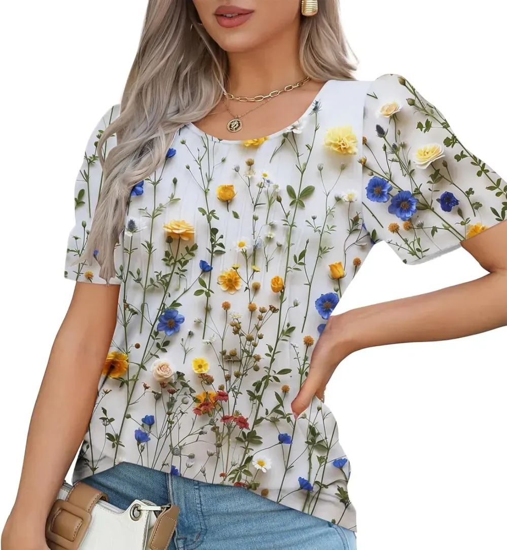 Womens Summer Pleated Front Shirts Tunics Casual Short Sleeved Loose Round Neck Boho Printed Tops Vacation Blouse