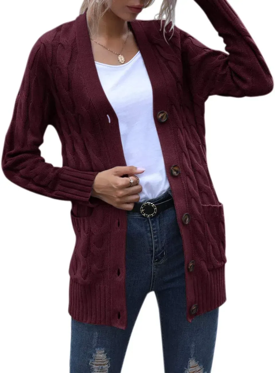 MEROKEETY Women's 2024 Fall Long Sleeve Cable Knit Sweater Open Front Cardigan Button Loose Outerwear