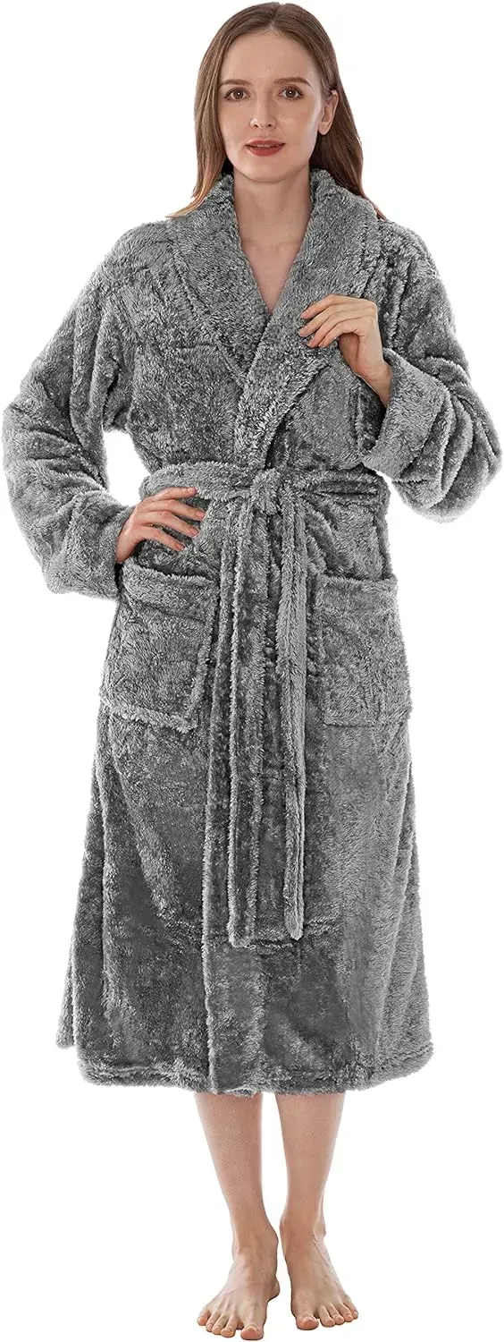 Premium Womens Plush Soft Robe Fluffy, Warm, Fleece Sherpa Shaggy Bathrobe