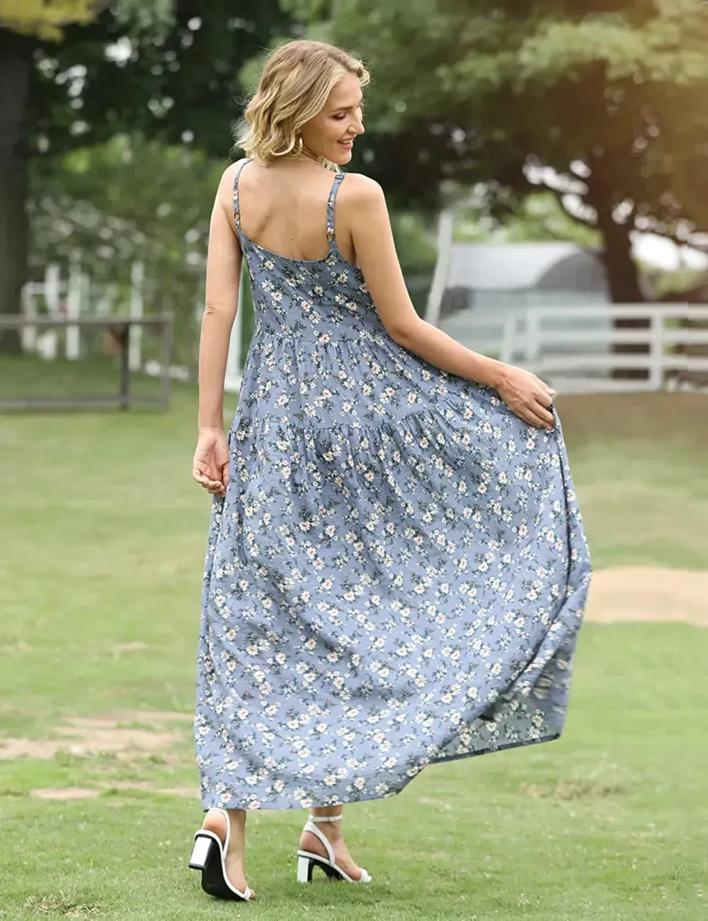 Summer Dresses for Women Casual Loose Bohemian Floral Dress with Pockets Spaghetti Strap Maxi Dress E75