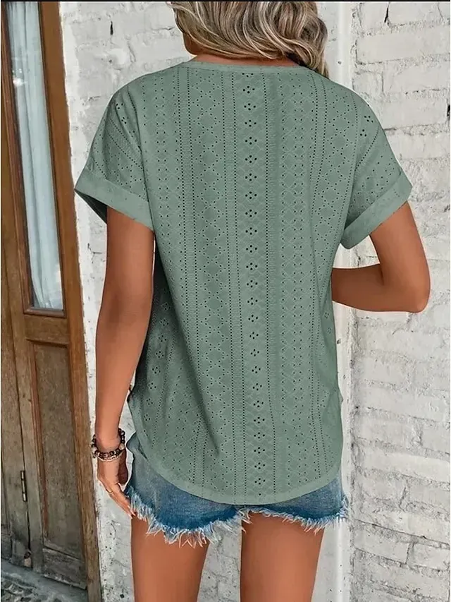 Women's T shirt Tee White Eyelet Tops Light Blue Black White Plain Cut Out Short Sleeve Daily Weekend Basic Round Neck Regular Cotton S