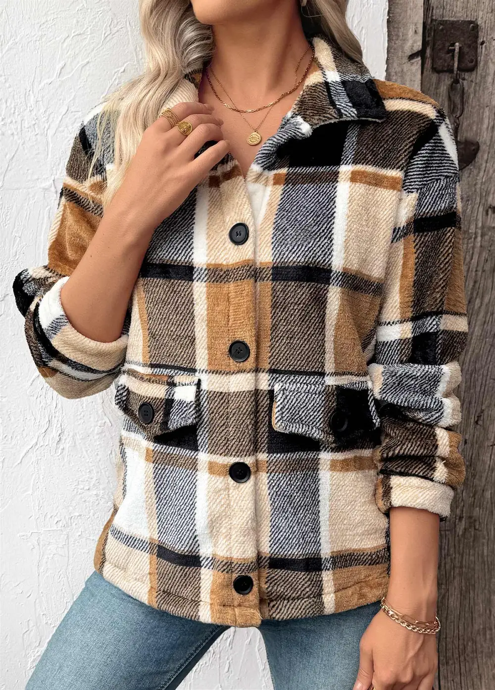 Light Camel Tummy Coverage Plaid Long Sleeve Coat