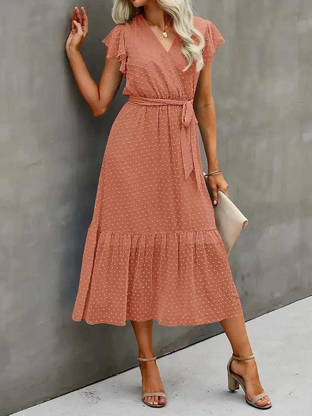 Women Summer Bohemian Floral Casual Wrap V Neck Ruffle Cap Sleeveless Belt A-Line Pleated Hem Swing Midi Sun Dress
