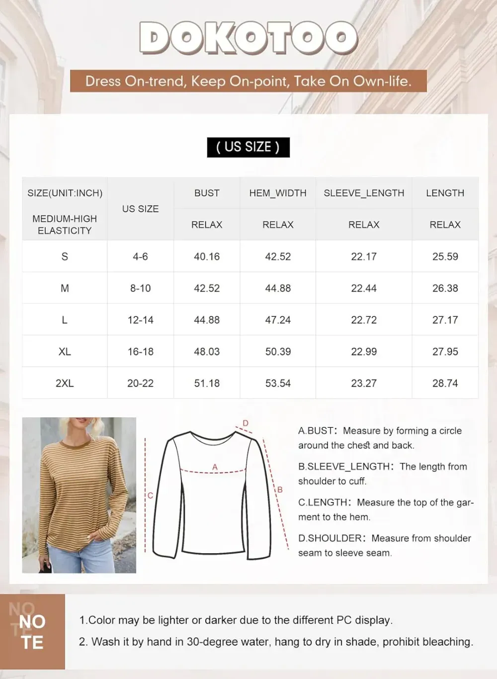 Dokotoo Women's Casual Striped Long Sleeve Tops Crew Neck Knit Ribbed Basic T Shirts