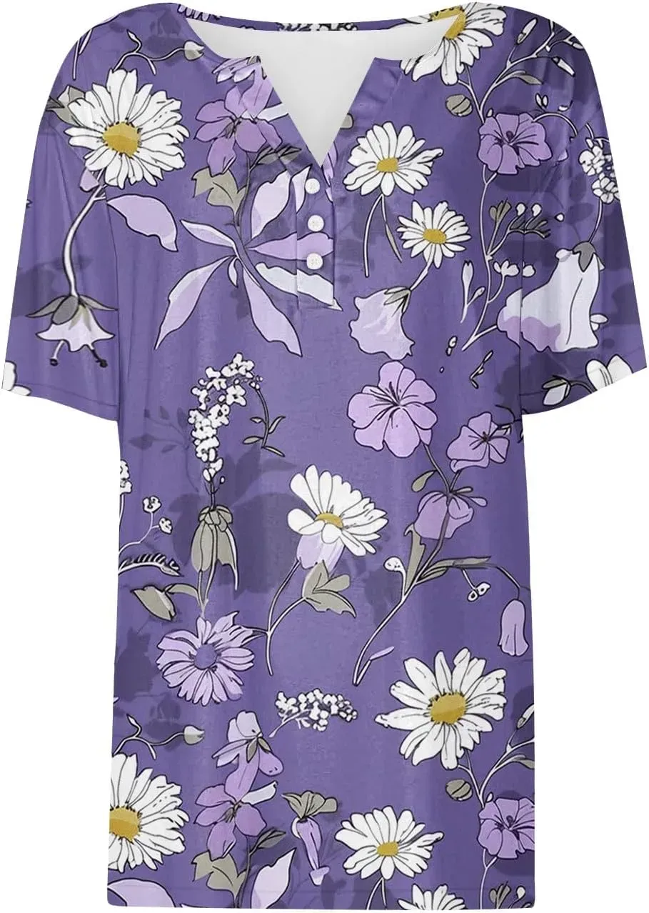 Shirts for Women Casual Printed Summer Tops Short-Sleeved Button V-Neck Tops Blouse Fashion Boho T-Shirts