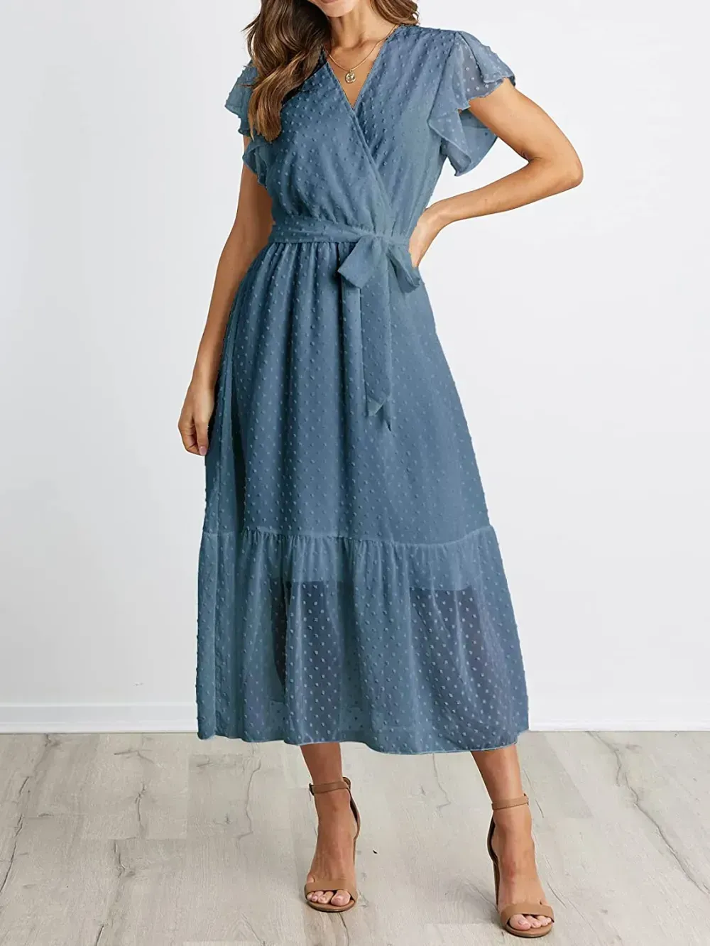 Women Summer Bohemian Floral Casual Wrap V Neck Ruffle Cap Sleeveless Belt A-Line Pleated Hem Swing Midi Sun Dress