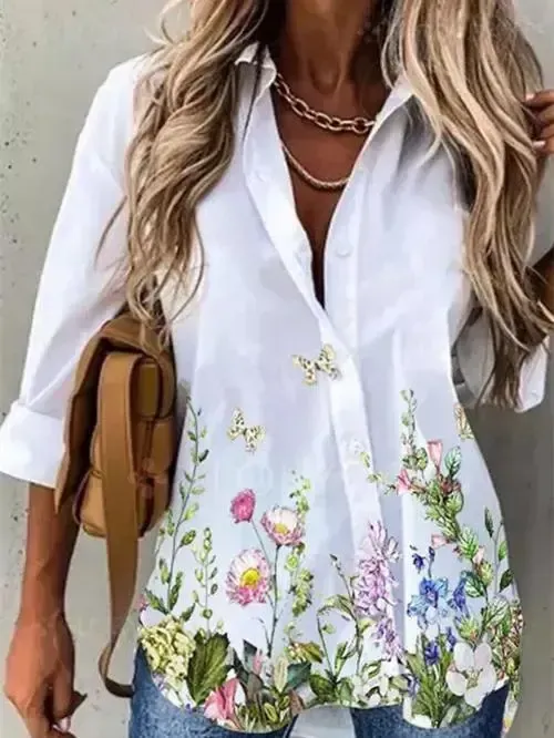 Women Long Sleeve Stand-up Collar Printed Graphic Top