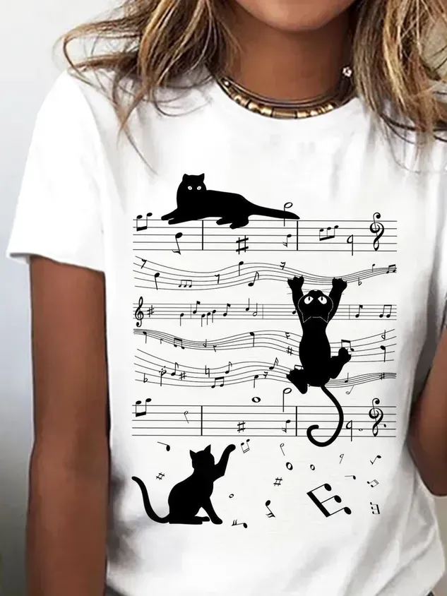 Katze Print T-Shirt Rundhals Lässig Urlaub&Täglich Noracora