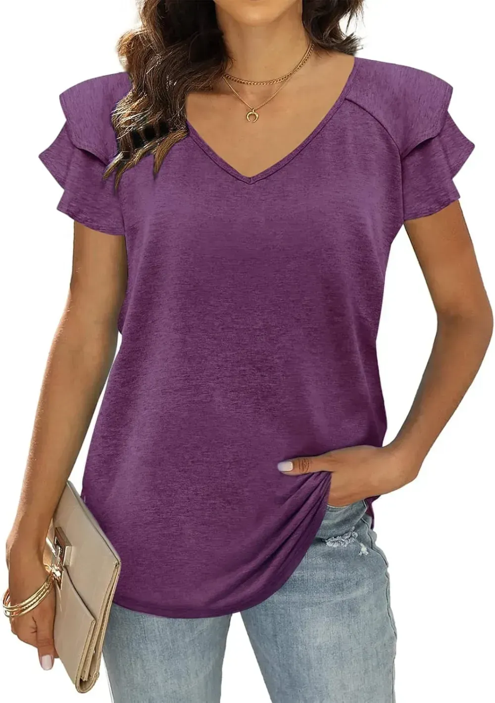 T&Twenties Womens Summer Tops Ruffle Short Sleeve Tunic Tops V Neck Loose Fit Flowy T-Shirts