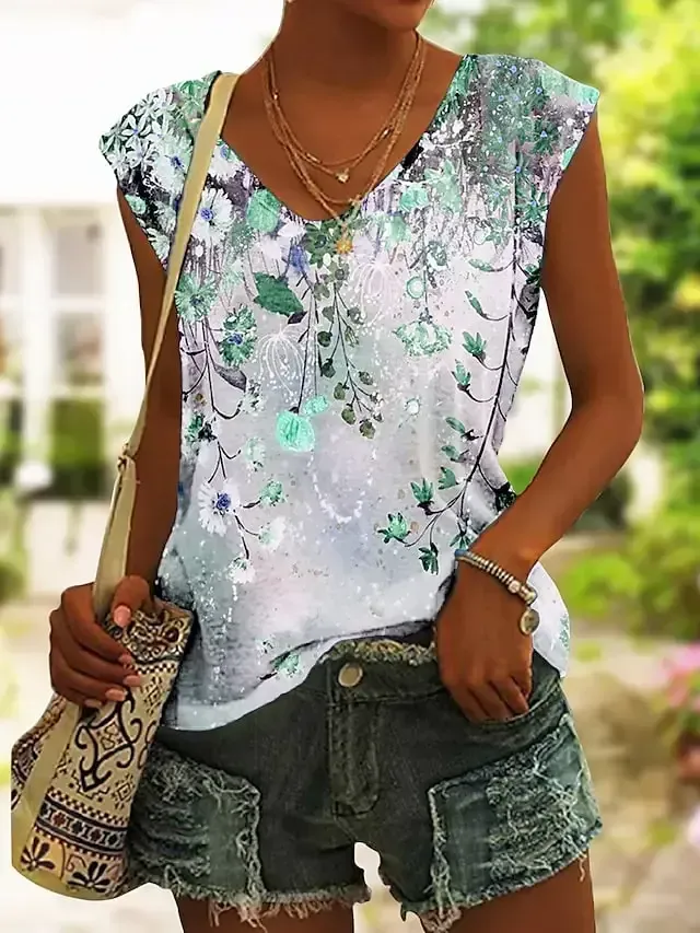 Women's Tank Top Pink Blue Green Floral Print Sleeveless Holiday Basic V Neck Regular Floral S