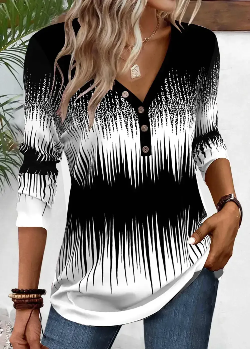 Black Patchwork Ombre Long Sleeve V Neck T Shirt