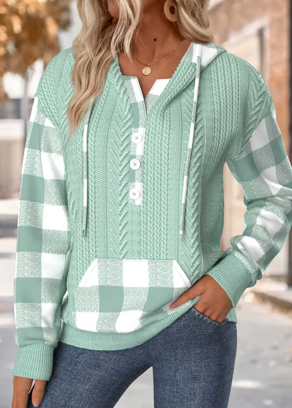 Sage Green Tummy Coverage Plaid Long Sleeve Hoodie