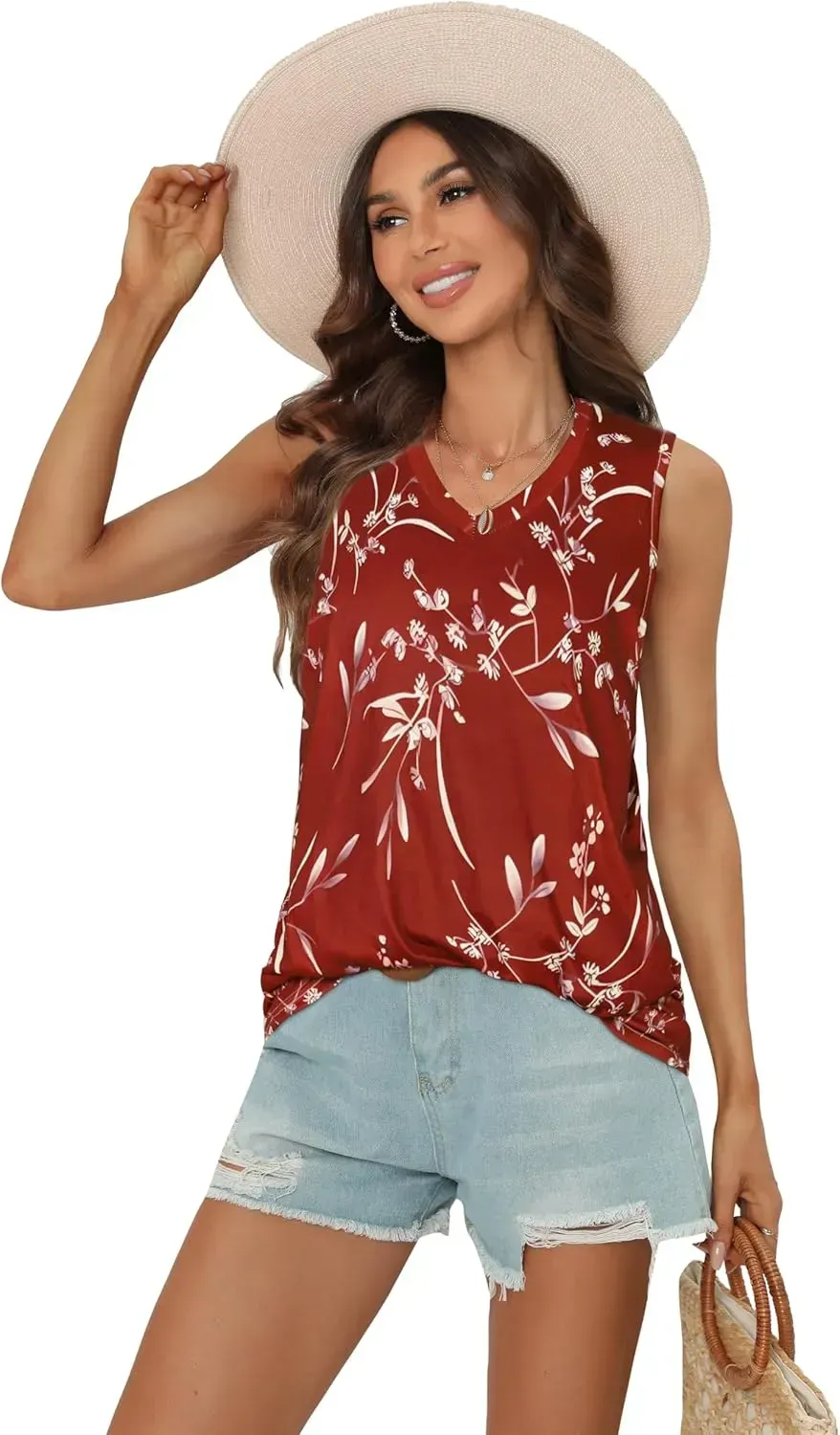 Summer Tops for Women Sleeveless V Neck Tshirt Loose Fit Casual Tank Tunic Blouse