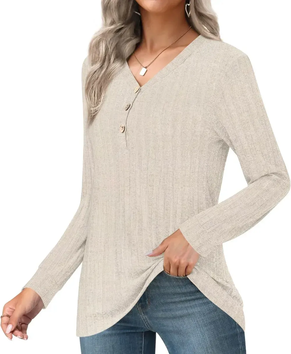 HOTGIFT Womens 2024 Fall Winter Tunic Tops Long Sleeve Casual T-Shirts Soft Comfy Stripe Blouse Lightweight