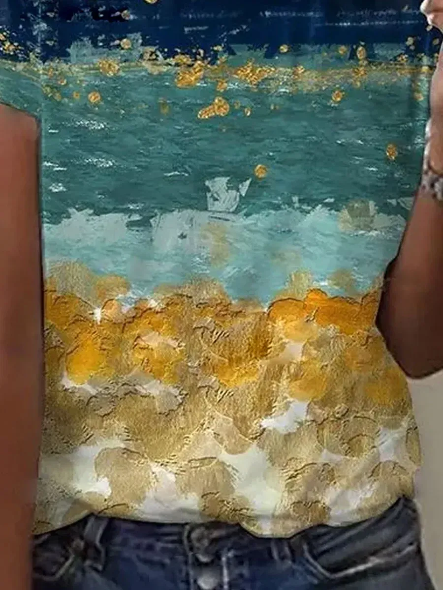 Round Neck Print Gradient Loose Short-sleeved T-shirt