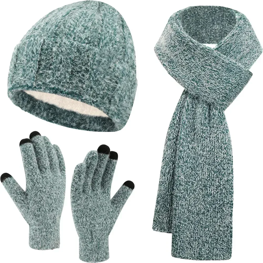 Womens Winter Warm Knit Beanie Hat Touchscreen Gloves Long Scarf Set with Fleece Lined Skull Caps Neck Scarves for Women Men