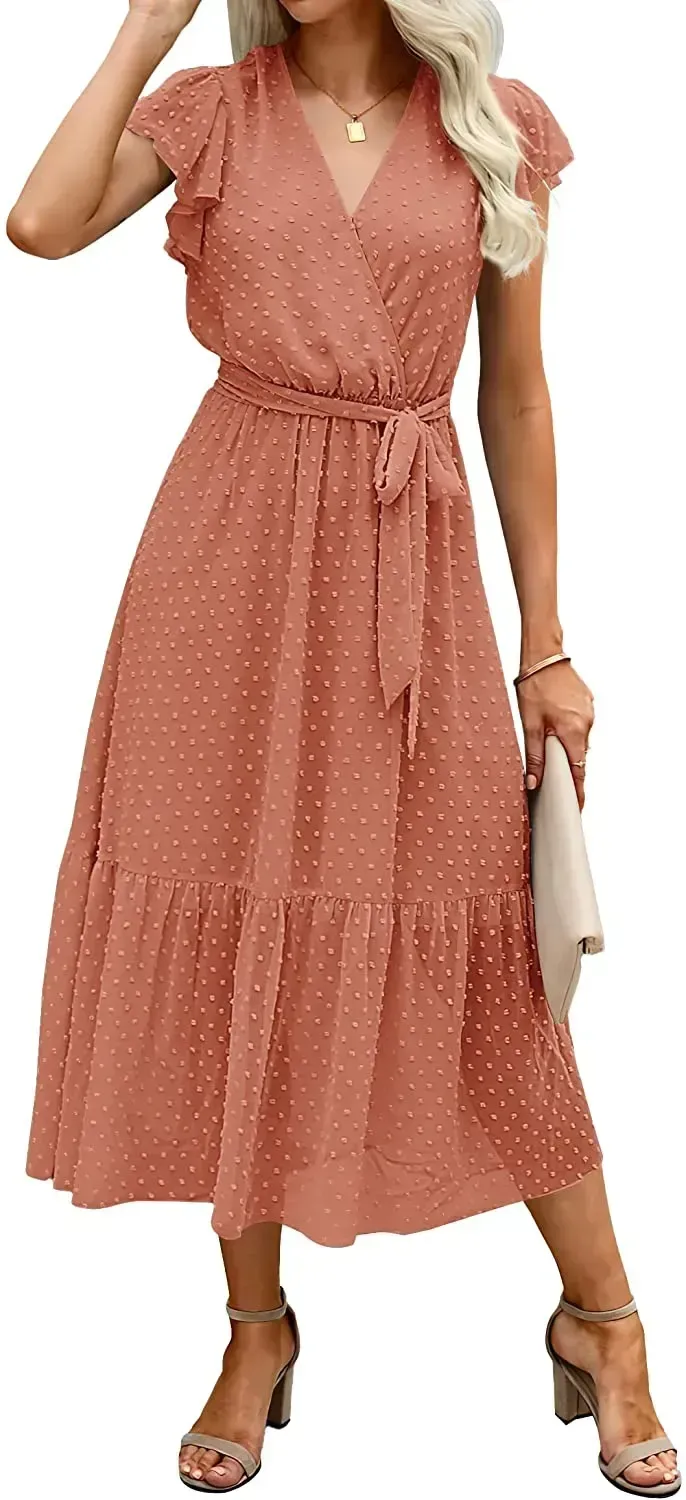 Women Summer Bohemian Floral Casual Wrap V Neck Ruffle Cap Sleeveless Belt A-Line Pleated Hem Swing Midi Sun Dress