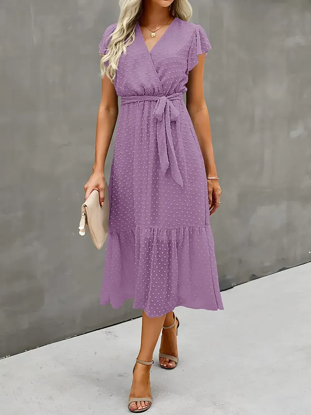 Women Summer Bohemian Floral Casual Wrap V Neck Ruffle Cap Sleeveless Belt A-Line Pleated Hem Swing Midi Sun Dress