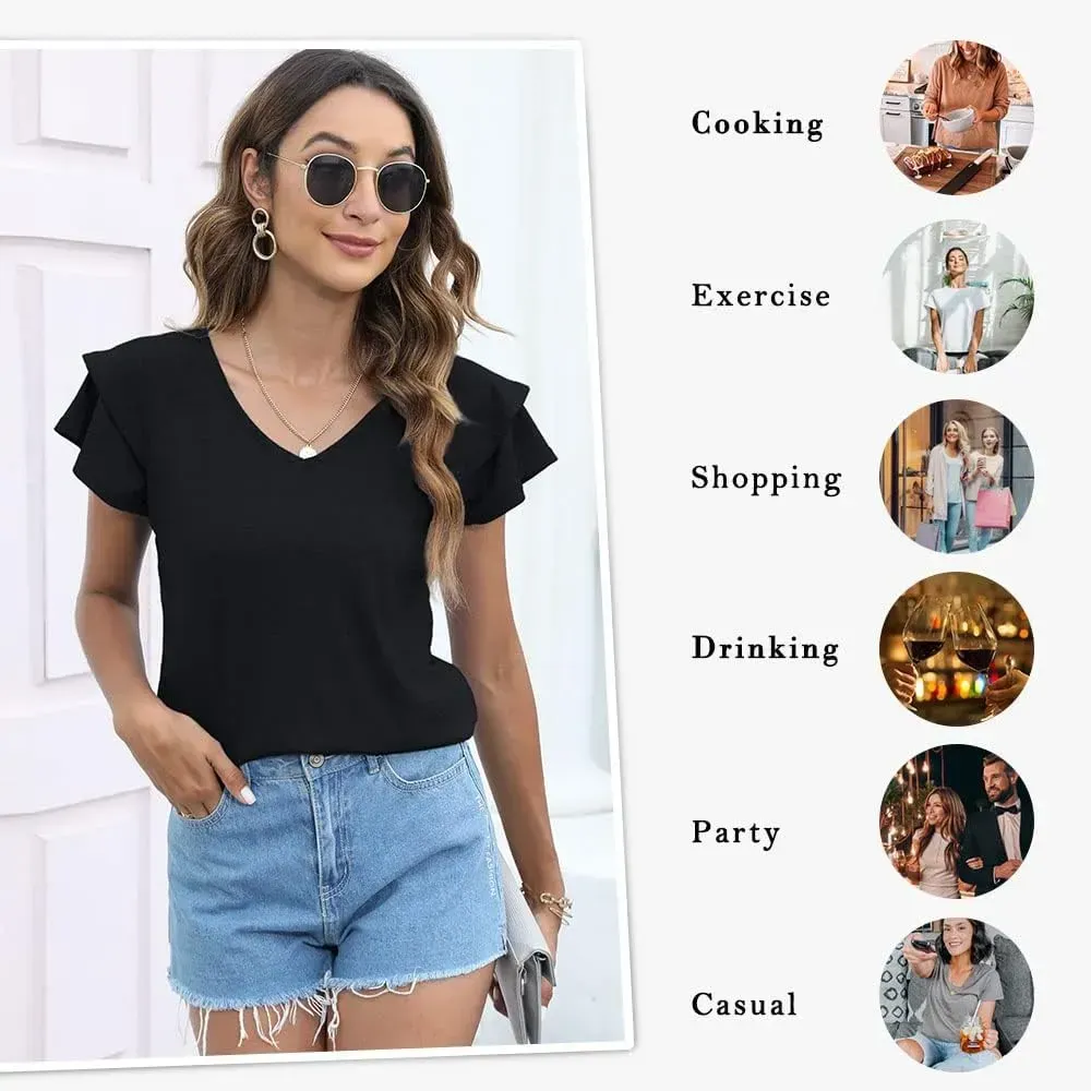 T&Twenties Womens Summer Tops Ruffle Short Sleeve Tunic Tops V Neck Loose Fit Flowy T-Shirts