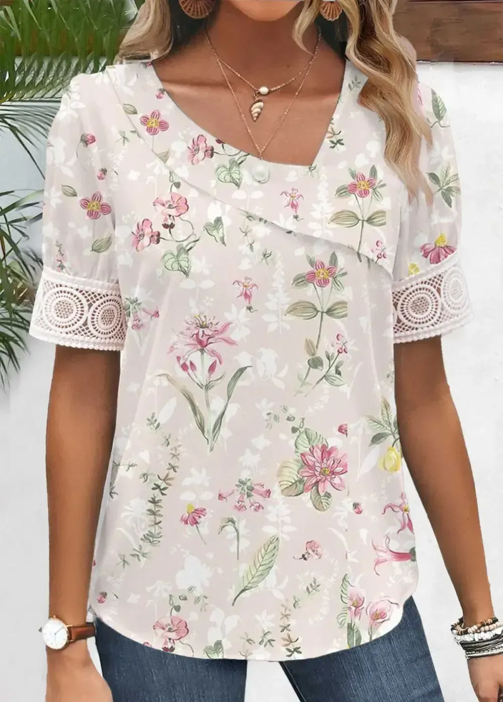 Light Pink Patchwork Floral Print Short Sleeve Blouse