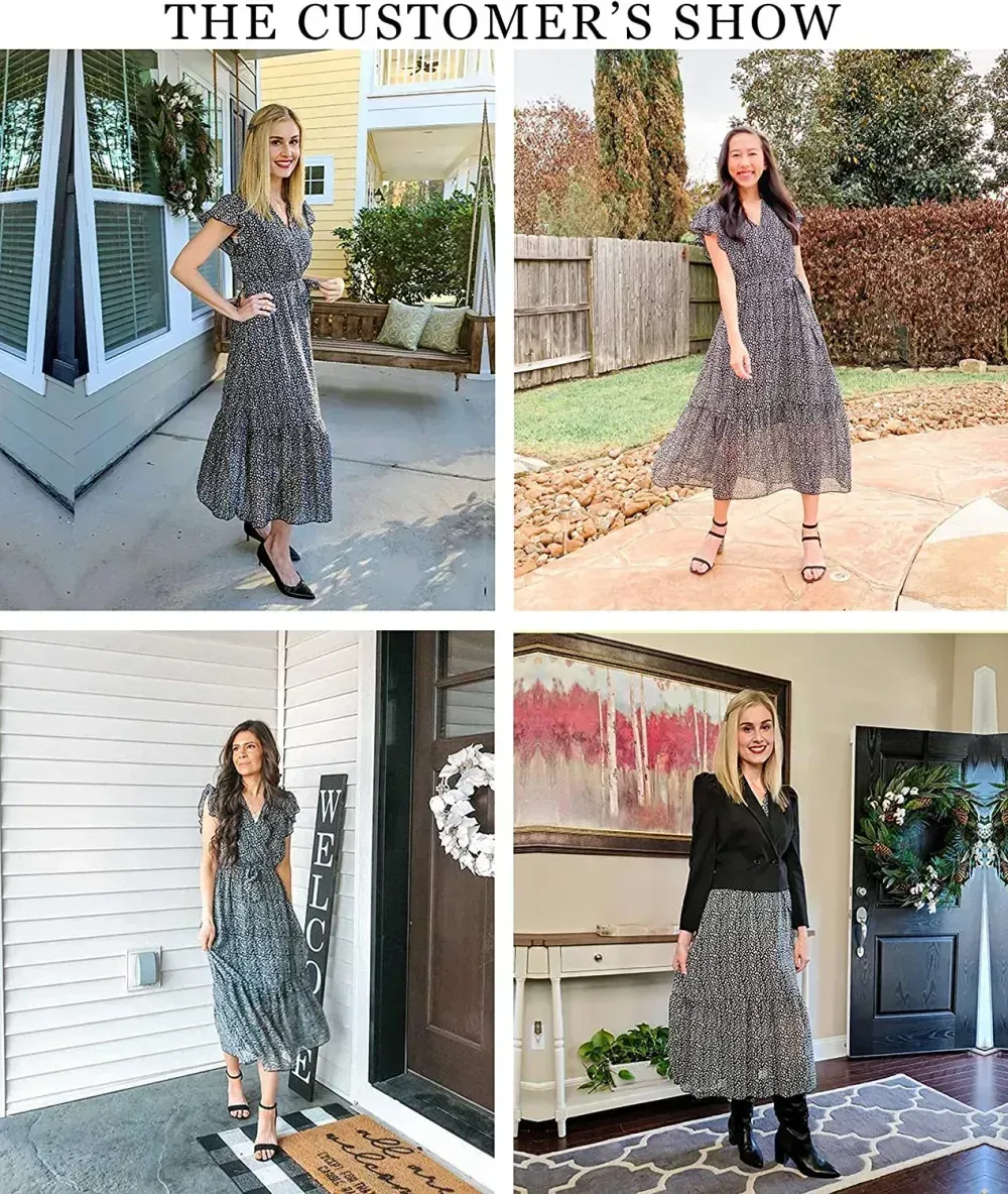 Women Summer Bohemian Floral Casual Wrap V Neck Ruffle Cap Sleeveless Belt A-Line Pleated Hem Swing Midi Sun Dress