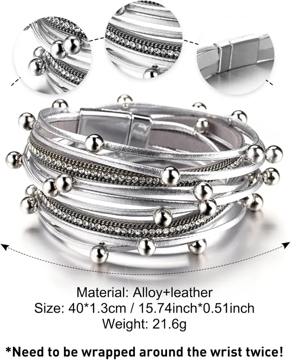 Fesciory Leather Wrap Bracelets for Women, Boho Leopard Multi-Layer Crystal Beads Cuff Bracelet Jewelry