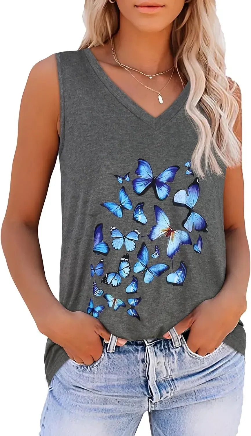 Summer Tops for Women Sleeveless V Neck Tshirt Loose Fit Casual Tank Tunic Blouse