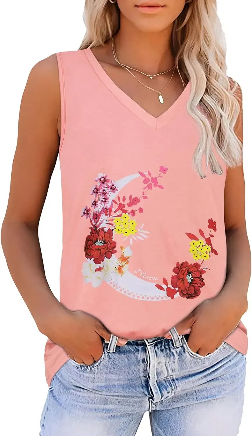 Summer Tops for Women Sleeveless V Neck Tshirt Loose Fit Casual Tank Tunic Blouse