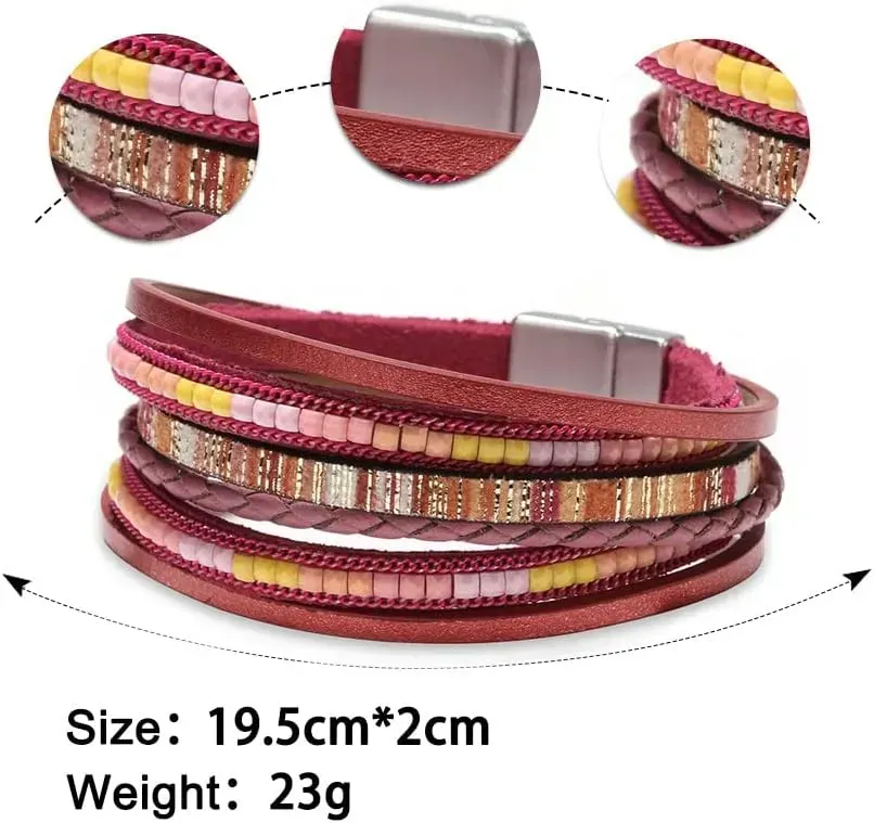 Fesciory Leather Wrap Bracelets for Women, Boho Leopard Multi-Layer Crystal Beads Cuff Bracelet Jewelry