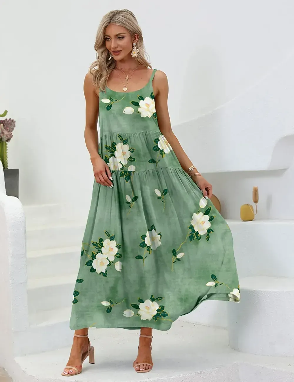 Summer Dresses for Women Casual Loose Bohemian Floral Dress with Pockets Spaghetti Strap Maxi Dress E75