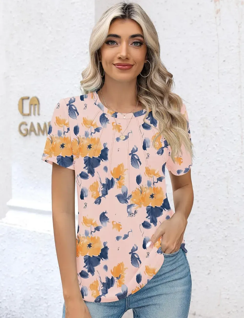 Kistore Womens Casual Crew Neck Short Sleeve Pleated Tops Blouses Fashion Clothes 2024