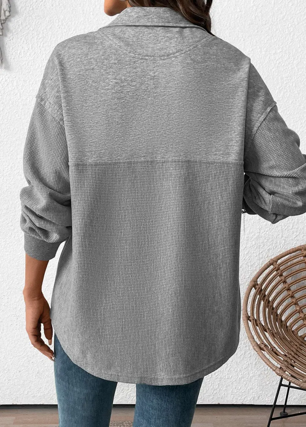 Grey Tummy Coverage Long Sleeve Turn Down Collar Sweatshirt
