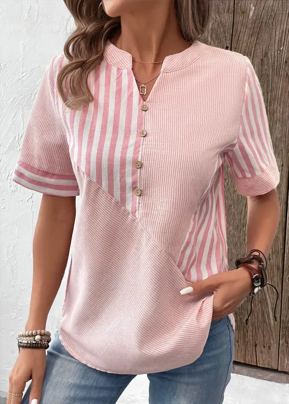 Pink Patchwork Striped Short Sleeve Split Neck Blouse