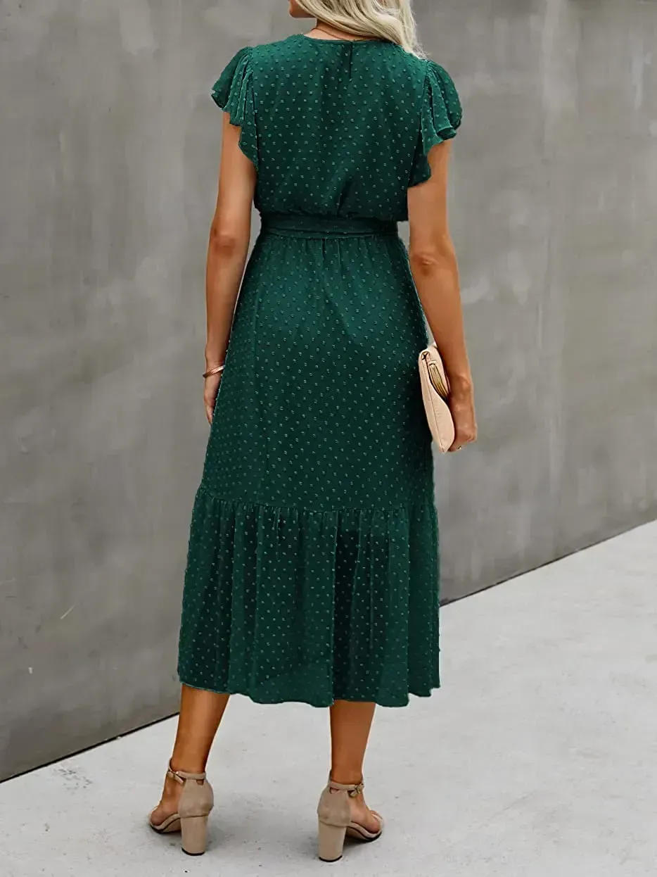 Women Summer Bohemian Floral Casual Wrap V Neck Ruffle Cap Sleeveless Belt A-Line Pleated Hem Swing Midi Sun Dress