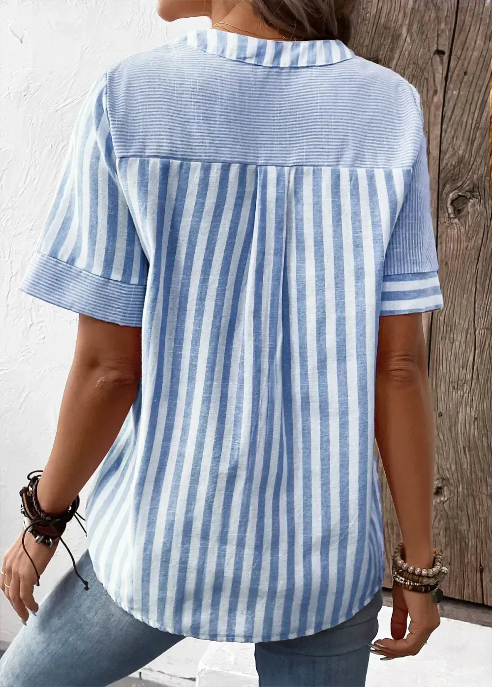 Light Blue Patchwork Striped Short Sleeve Split Neck Blouse