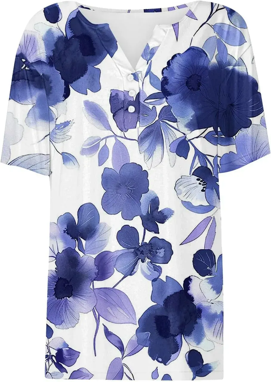 Shirts for Women Casual Printed Summer Tops Short-Sleeved Button V-Neck Tops Blouse Fashion Boho T-Shirts