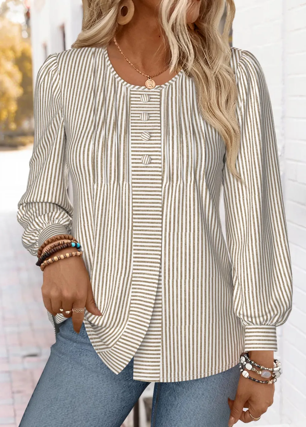Light Coffee Striped Long Sleeve Round Neck T Shirt