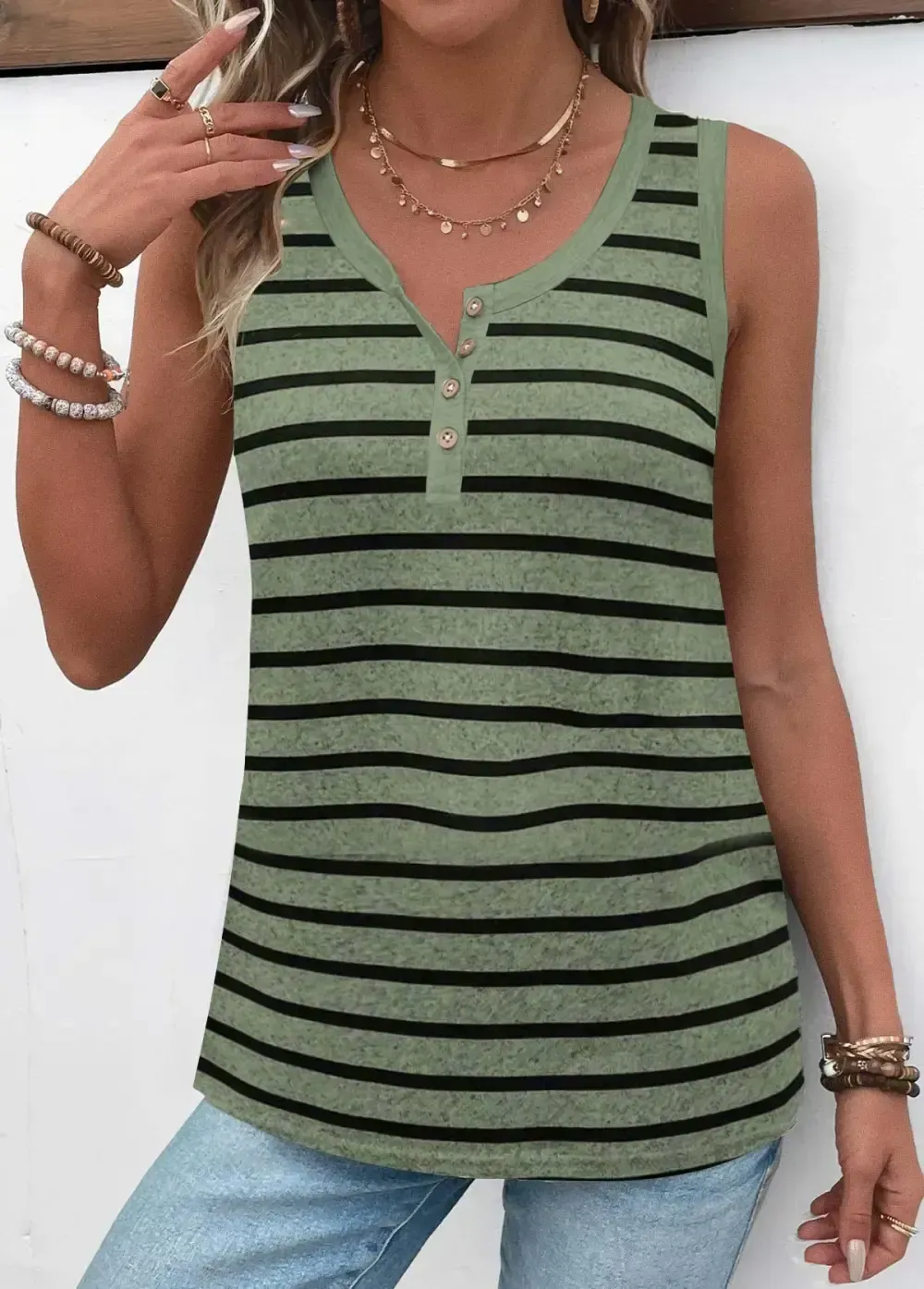 Green Button Striped Sleeveless Round Neck Tank Top