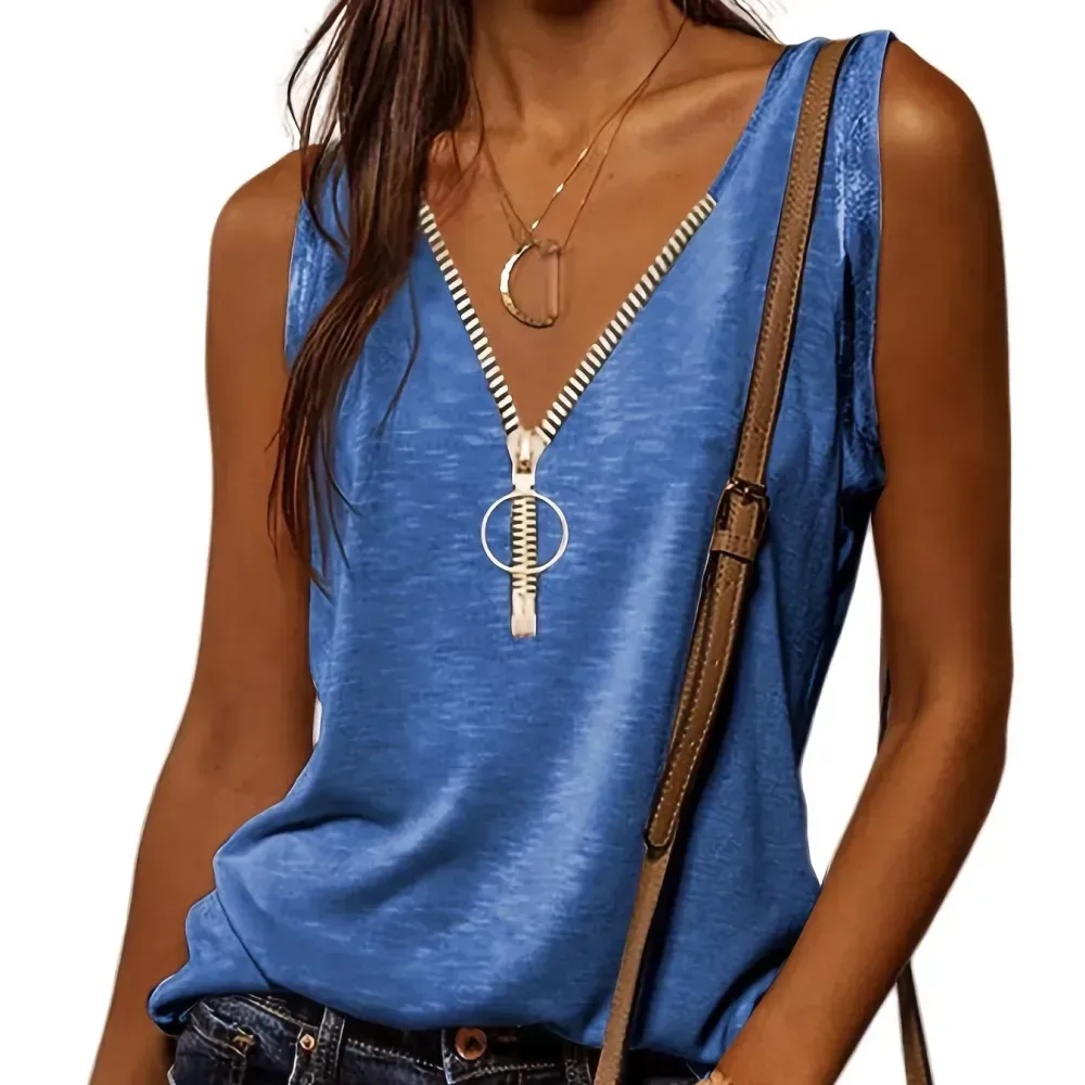 Casual V-neck Zipper Cami Top, Solid Fashion Sleeveless Loose Summer Fit Tank Top, Women's Clothing
