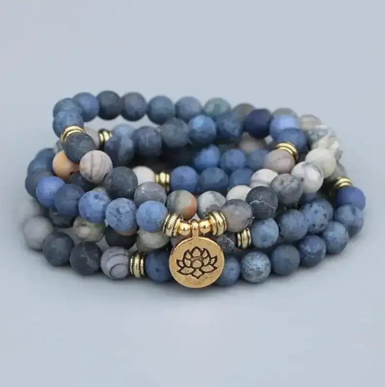108 Beads Mala Lotus Bracelet-Mala Prayer Bead Necklace-8MM Matte Blue Stone Bracelet-Meditation Yoga Bracelet-Spiritual Chakra Bracelet