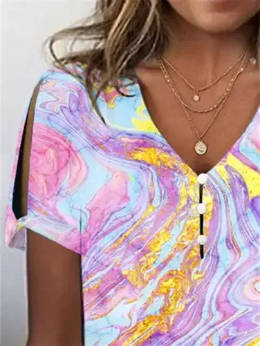 Women's Colorblock Hollow Short Sleeve V-neck Top