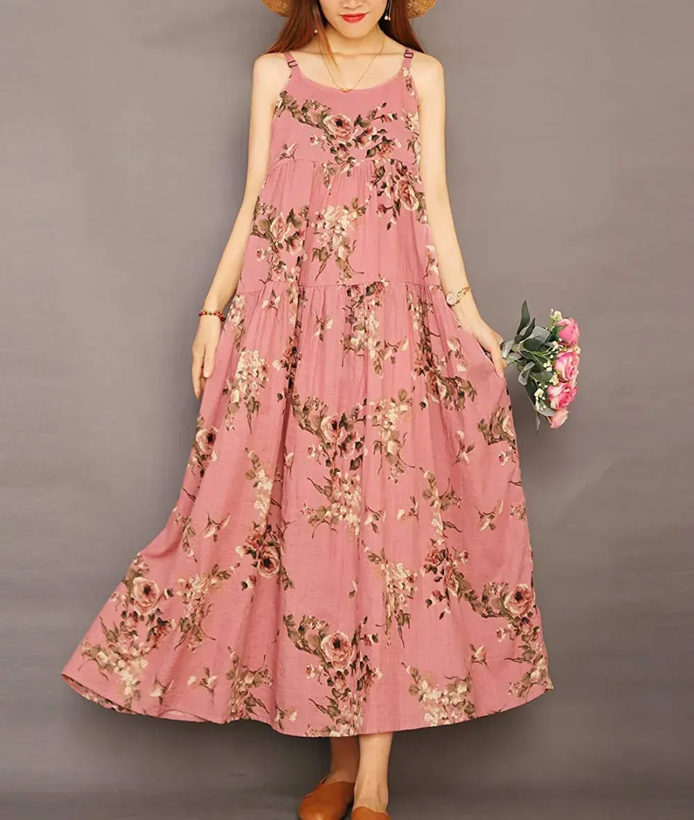 Summer Dresses for Women Casual Loose Bohemian Floral Dress with Pockets Spaghetti Strap Maxi Dress E75