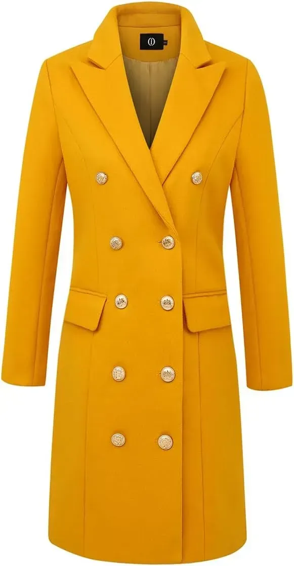 Womens Fall Winter Wool Coats Double Breasted Midi Peacoat Trench Coats
