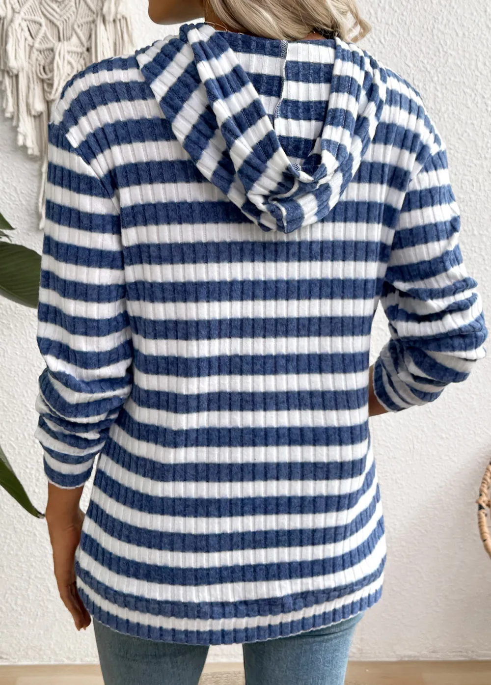 Blue Kangaroo Pocket Striped Long Sleeve Hoodie