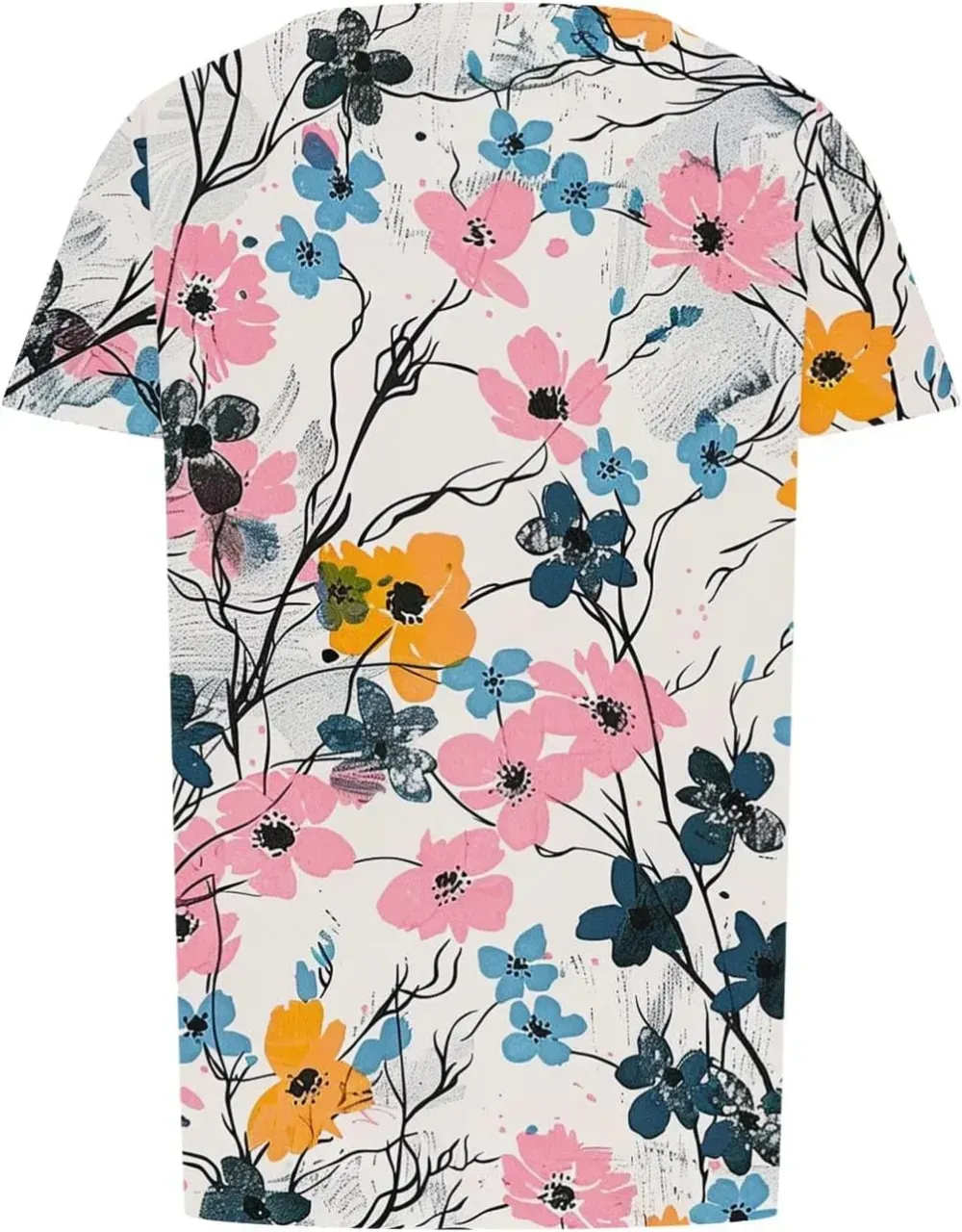 Womens Summer Pleated Front Shirts Tunics Casual Short Sleeved Loose Round Neck Boho Printed Tops Vacation Blouse