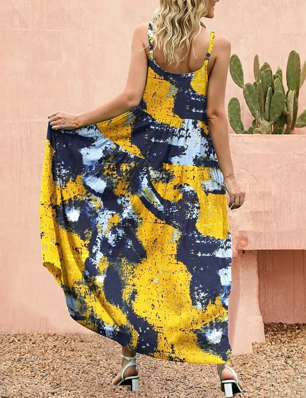 Summer Dresses for Women Casual Loose Bohemian Floral Dress with Pockets Spaghetti Strap Maxi Dress E75